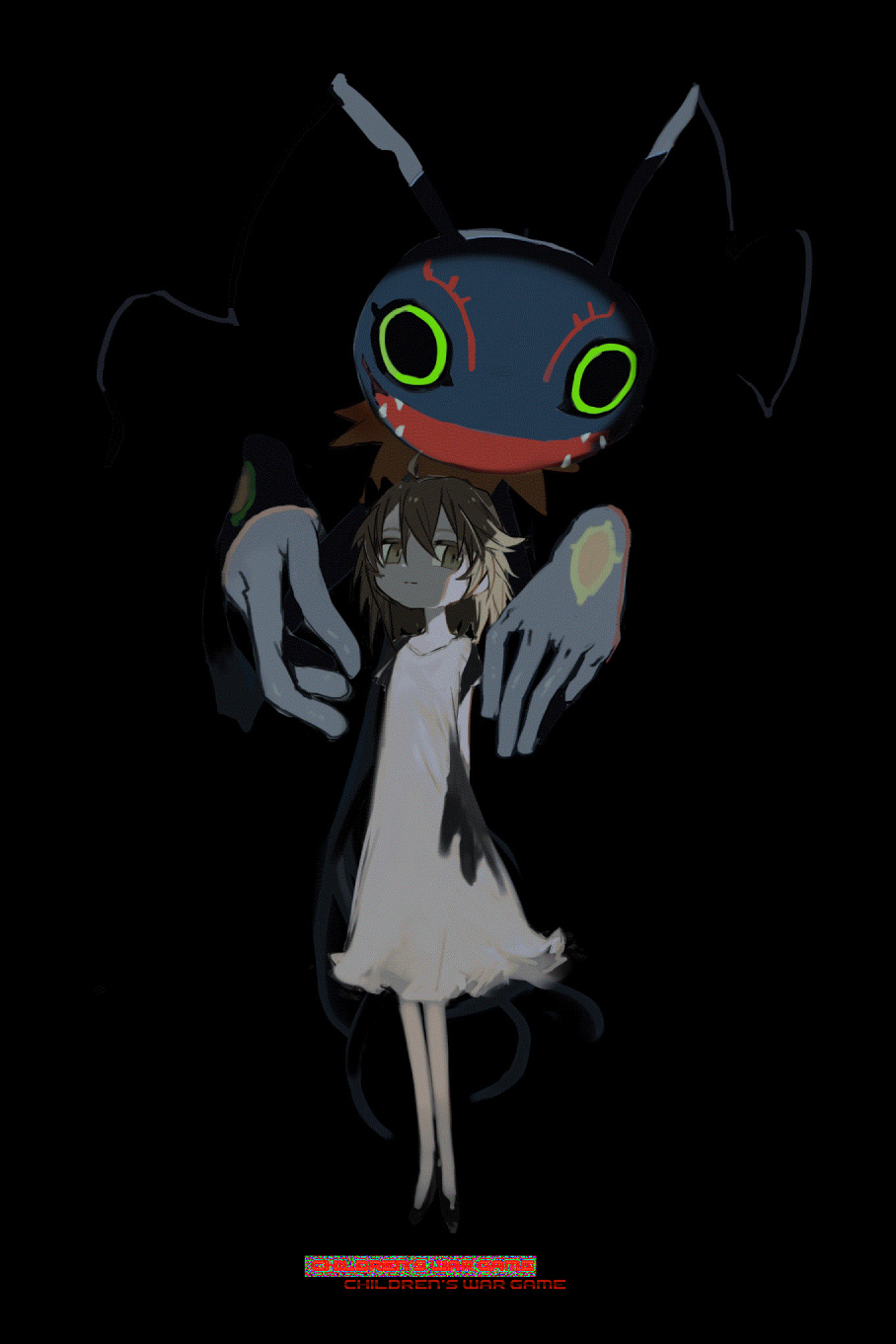 1girl 1other ahoge arms_behind_back brown_eyes brown_hair closed_mouth commentary_request creature crossover dark_background digimon digimon_(creature) dress english_text floating frilled_dress frills full_body hatoba_tsugu highres keramon kokaki_mumose light_smile looking_at_viewer medium_hair shadow short_dress short_sleeves sidelighting tsugu_(vtuber) virtual_youtuber white_dress wide_shot