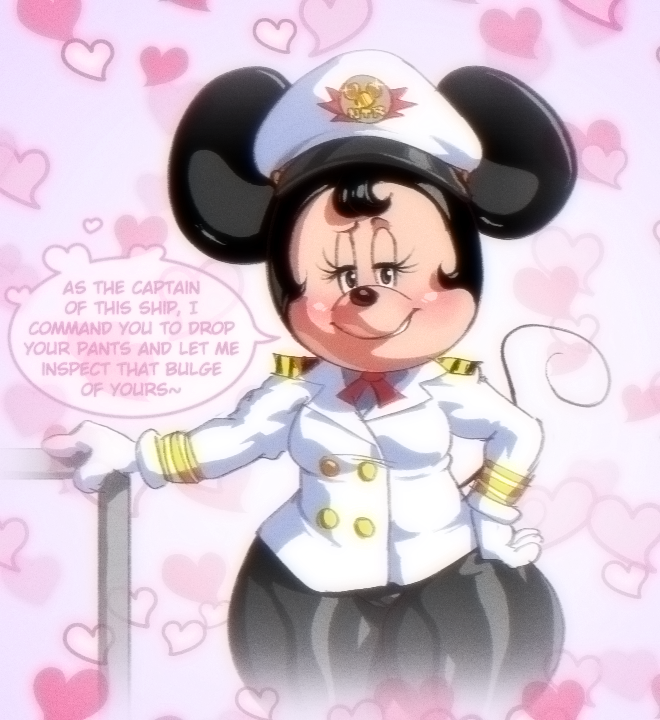 &lt;3 angelauxes anthro bedroom_eyes big_butt big_ears black_body black_bottomwear black_clothing black_eyelashes black_fur black_hair black_nose black_pants blush bottomwear butt captain's_hat captain_hat clothing cruise_ship detailed_background dialogue disney emblem eyelashes female flirting flirting_with_viewer fur gloves gold_button gold_buttons gold_trim hair hand_on_hip hand_on_railing handwear hat headgear headwear heart_background infidelity looking_at_viewer mammal merchant_ship minnie_mouse mouse murid murine narrowed_eyes necktie olozva pants passenger_ship peacoat red_necktie rodent seductive ship short_stack shoulder_guards smile smug snout solo speech_bubble text thick_thighs thin_tail vehicle watercraft white_clothing white_gloves white_handwear wide_hips