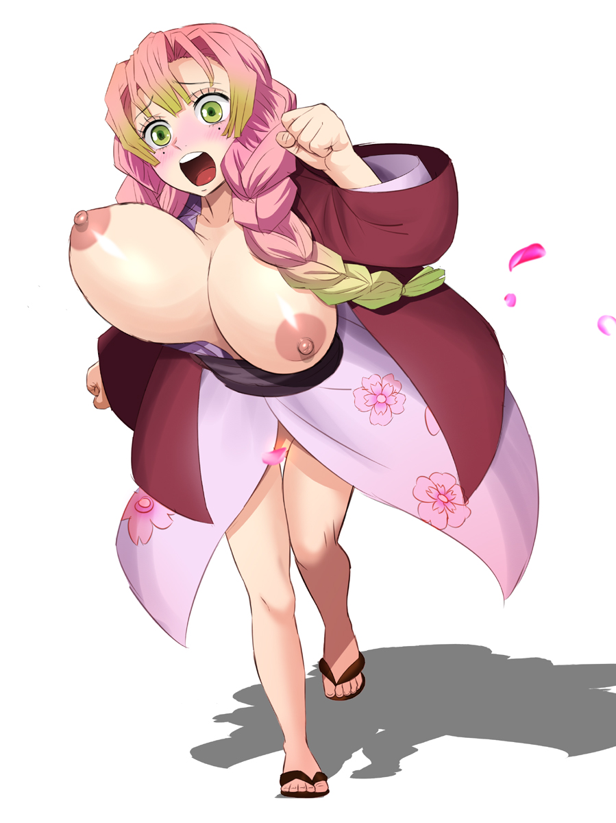 1girl blush bouncing_breasts braid breasts convenient_censoring falling_petals gradient_hair green_eyes green_hair harukigenia highres japanese_clothes kanroji_mitsuri kimetsu_no_yaiba kimono large_breasts long_hair mole mole_under_eye multicolored_hair multiple_braids nipples open_mouth petals pink_hair running shadow simple_background solo tri_braids white_background