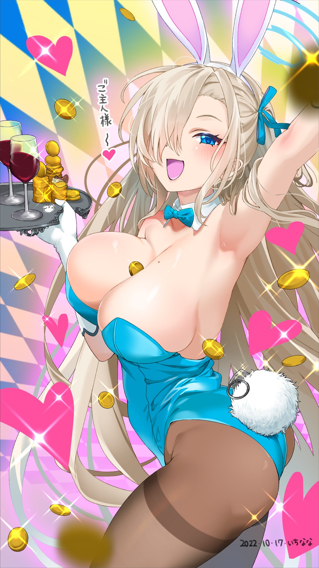 1girl animal_ears aqua_leotard asuna_(blue_archive) asuna_(bunny)_(blue_archive) blonde_hair blue_archive blue_bow blue_bowtie blue_eyes blue_leotard blush bow bowtie breasts coin cup detached_collar drinking_glass fake_animal_ears hair_over_one_eye halo highleg highleg_leotard highres holding holding_tray large_breasts leotard long_hair looking_at_viewer making-of_available mokyutan mole mole_on_breast official_alternate_costume open_mouth pantyhose playboy_bunny rabbit_ears smile solo strapless strapless_leotard thighband_pantyhose traditional_bowtie tray