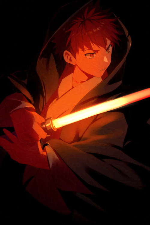 1boy black_background black_cloak cloak echo_(circa) emiya_shirou energy_sword fate/grand_order fate_(series) holding holding_lightsaber holding_sword holding_weapon hood hood_up hooded_cloak lightsaber long_sleeves looking_to_the_side male_focus red_hair red_lightsaber robe simple_background solo star_wars sword upper_body weapon white_robe wide_sleeves yellow_eyes