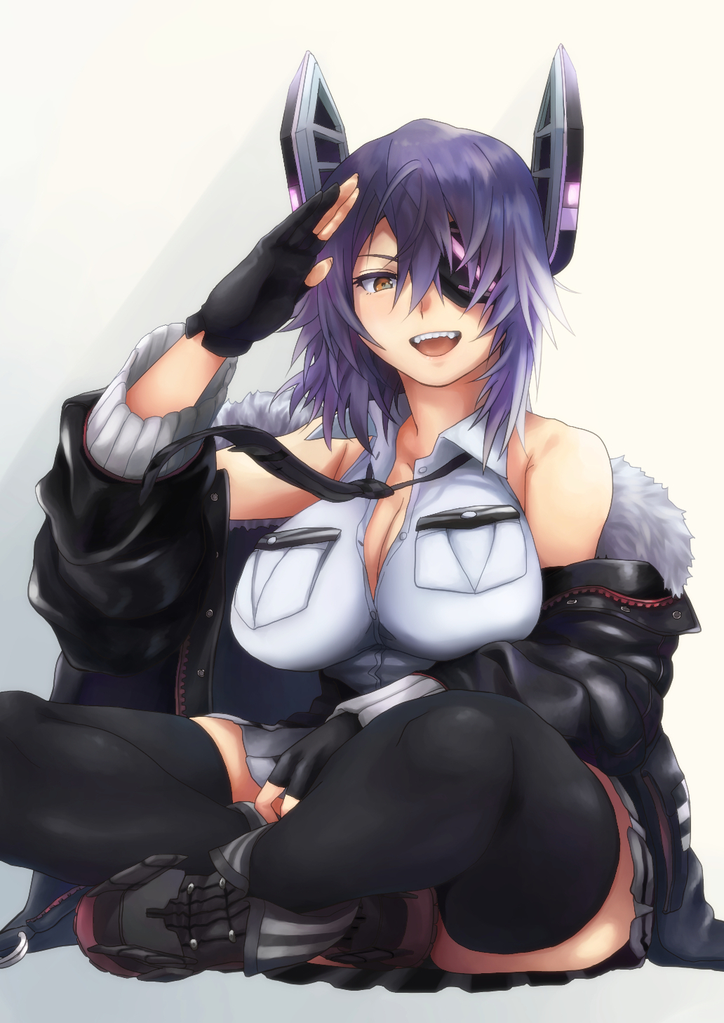 1girl bare_shoulders black_gloves black_jacket black_thighhighs blush breasts cleavage collared_shirt eyepatch fur-trimmed_jacket fur_trim gloves headgear highres indian_style jacket kantai_collection kiya_hajime large_breasts long_sleeves looking_at_viewer necktie off_shoulder open_clothes open_jacket open_mouth partially_fingerless_gloves purple_hair shirt short_hair sitting sleeveless sleeveless_shirt smile solo tenryuu_(kancolle) thighhighs white_shirt yellow_eyes