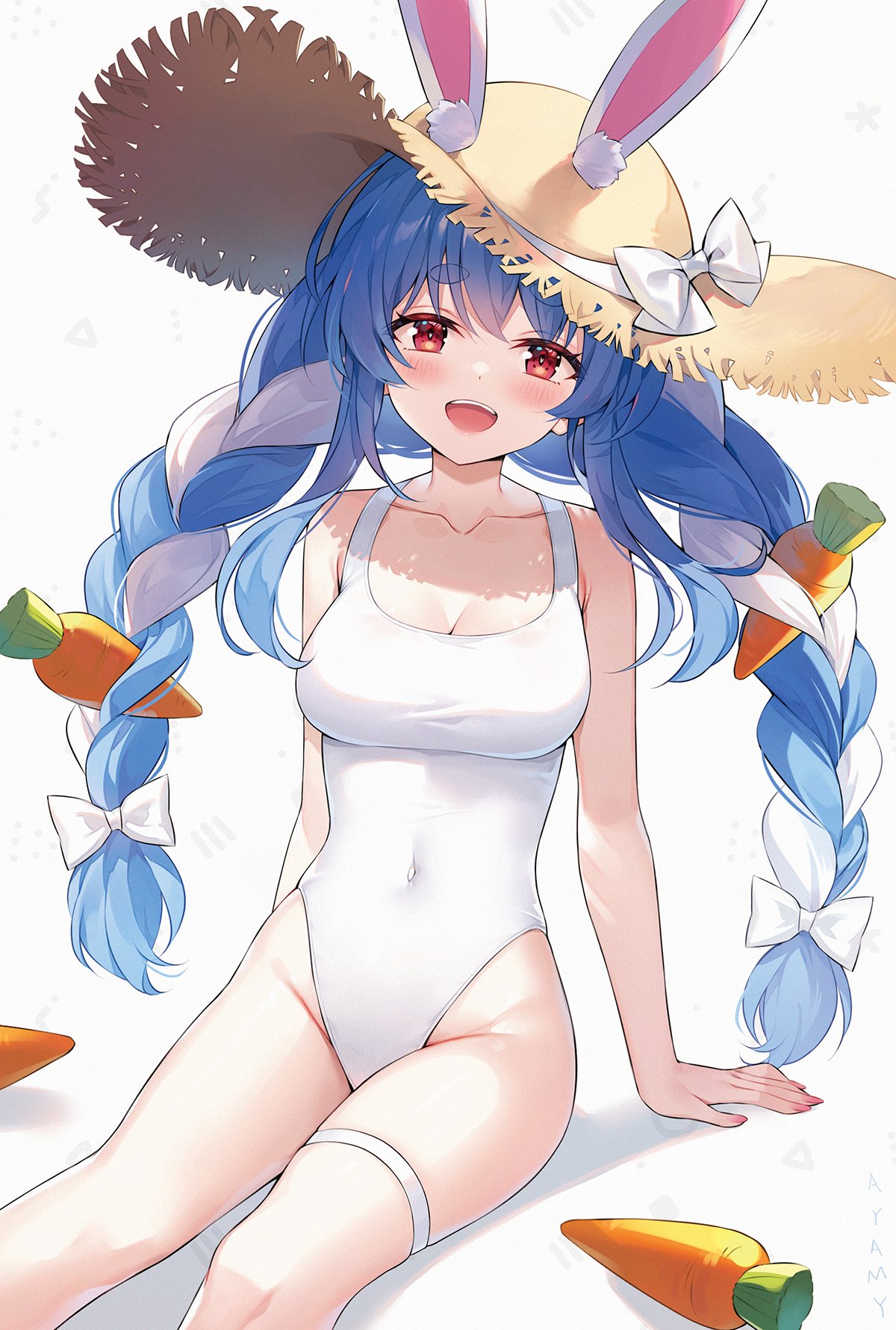 1girl animal_ears ayamy blue_hair braid breasts carrot carrot_hair_ornament cleavage collarbone food-themed_hair_ornament hair_ornament hat highres hololive long_hair looking_at_viewer medium_breasts multicolored_hair one-piece_swimsuit open_mouth rabbit_ears rabbit_girl red_eyes sitting smile solo straw_hat swimsuit teeth twin_braids upper_teeth_only usada_pekora virtual_youtuber white_background white_hair white_one-piece_swimsuit