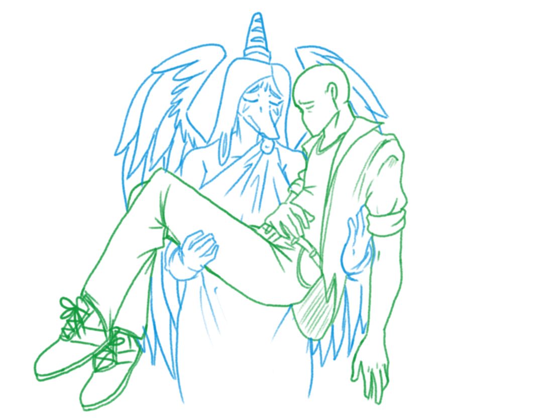 5_fingers angel anon_(snoot_game) anthro bald blue_and_white bone_frill carrying_another clothed clothing duo eyes_closed faceless_character faceless_human faceless_male fang_(gvh) feathered_wings feathers female female_anthro fingers footwear frill_(anatomy) goodbye_volcano_high green_and_white human line_art male mammal monochrome protonmono pterodactylus pterosaur reptile scalie shoes simple_background snoot_game snout wings