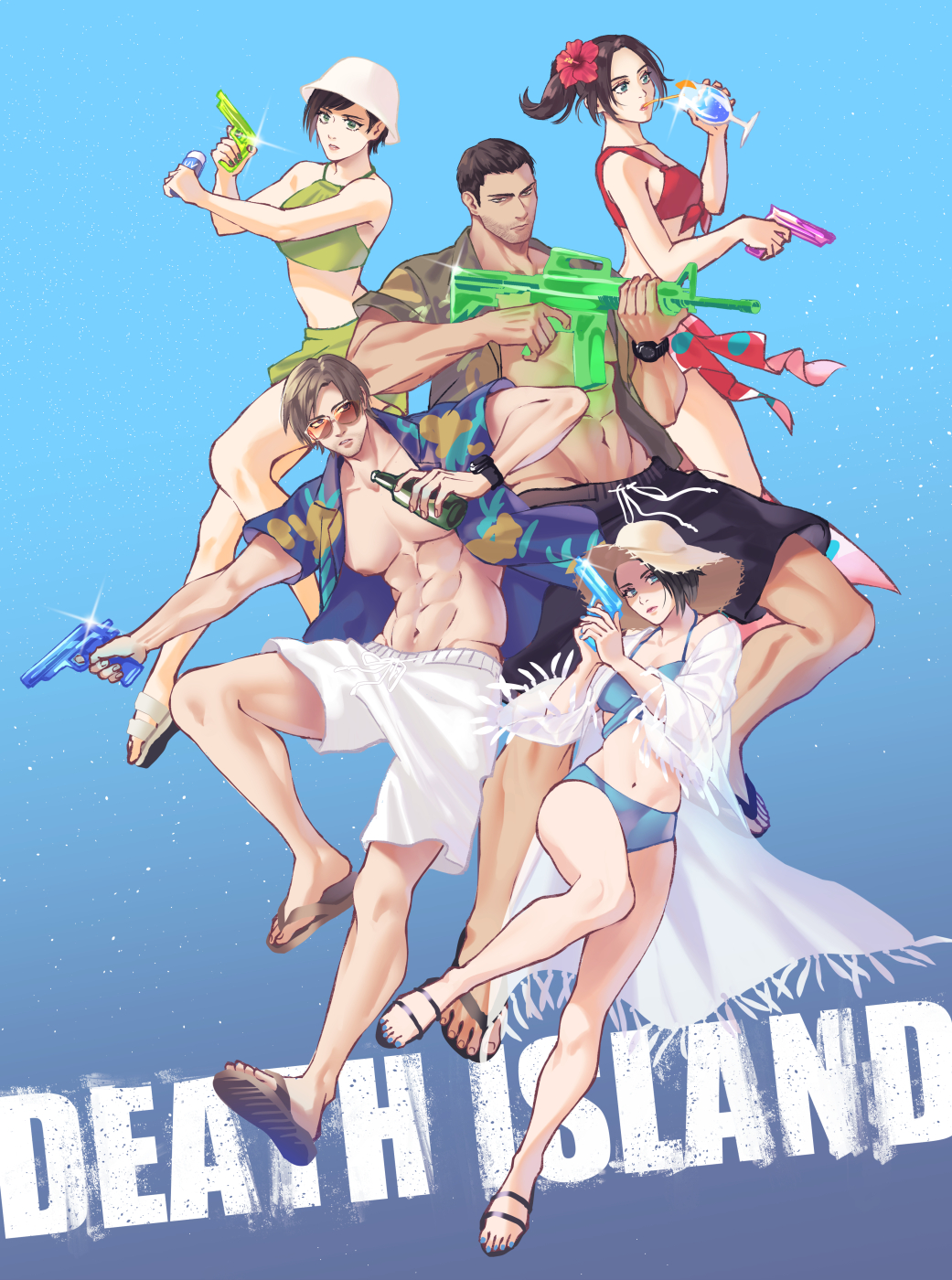 2boys 3girls abs alternate_costume assault_rifle bara bare_legs beard bikini black_footwear black_hair black_shorts blue_shirt bottle brown_footwear brown_hair chris_redfield claire_redfield closed_mouth cup english_text facial_hair flower green_eyes gun hair_flower hair_ornament handgun hat highres holding holding_cup jill_valentine large_pectorals leon_s._kennedy logo looking_at_viewer medium_hair multiple_boys multiple_girls multiple_views muscular muscular_male navel nipples open_clothes open_shirt pectorals rebecca_chambers red_flower resident_evil resident_evil:_death_island rifle sandals shirt short_hair shorts sparkle sunglasses swimsuit v-shaped_eyebrows watch weapon white_headwear white_shorts wristwatch yukichikichi