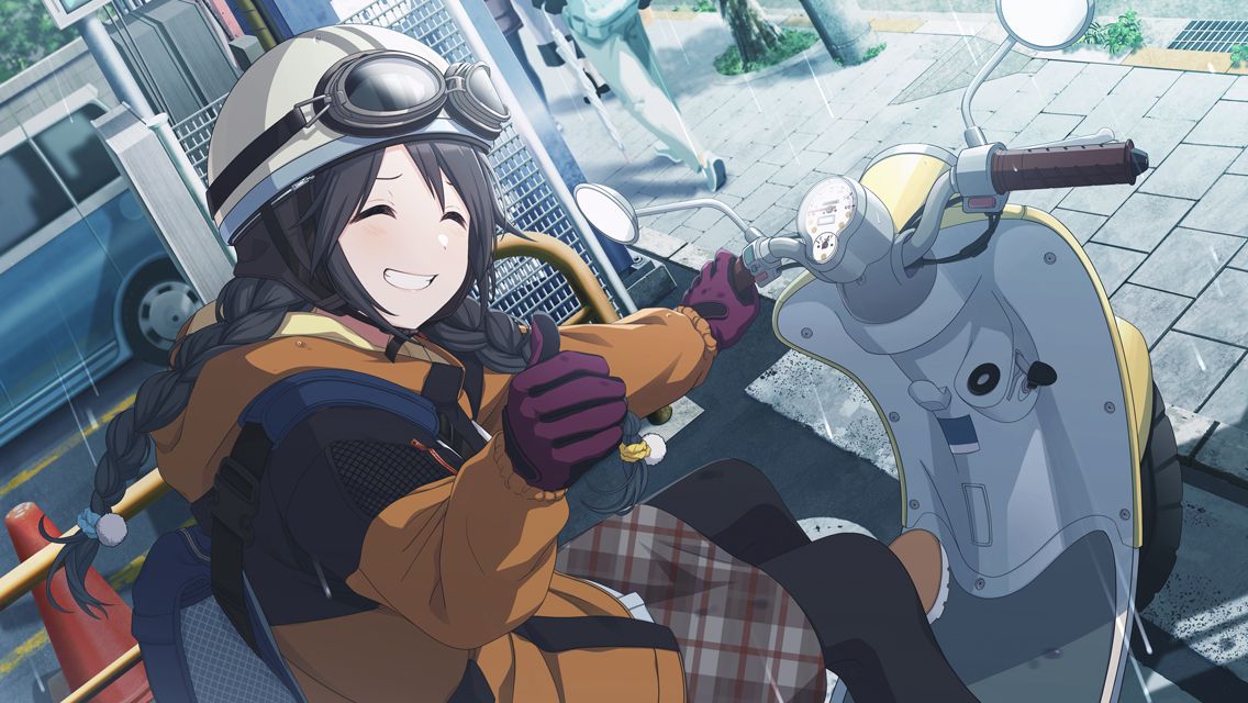 1girl ^_^ backpack bag black_hair blush boots braid brown_footwear brown_skirt closed_eyes commentary day dutch_angle game_cg gloves goggles goggles_on_headwear grin hair_tie helmet hood hooded_jacket idolmaster idolmaster_shiny_colors jacket long_hair mitsumine_yuika motor_vehicle official_art on_vehicle orange_jacket outdoors pantyhose plaid plaid_skirt pom_pom_(clothes) purple_gloves rain scooter sidewalk sitting skirt smile solo_focus thumbs_up traffic_cone twin_braids vespa
