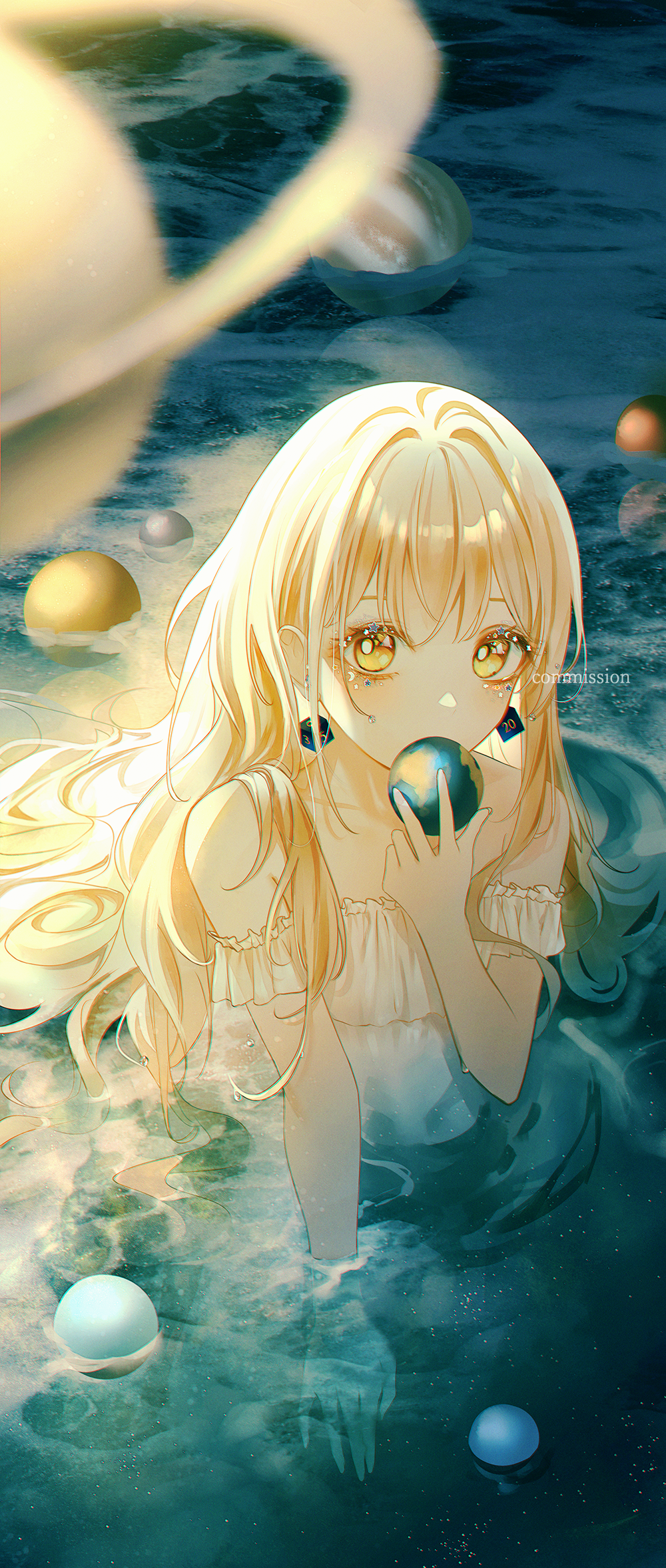 1girl afloat ball blonde_hair dress earrings earth_(planet) highres holding holding_ball jewelry lake lium long_hair looking_at_viewer night ocean orb original partially_submerged planet pool reflection ripples shallow_water solo space wading water wet white_dress yellow_eyes