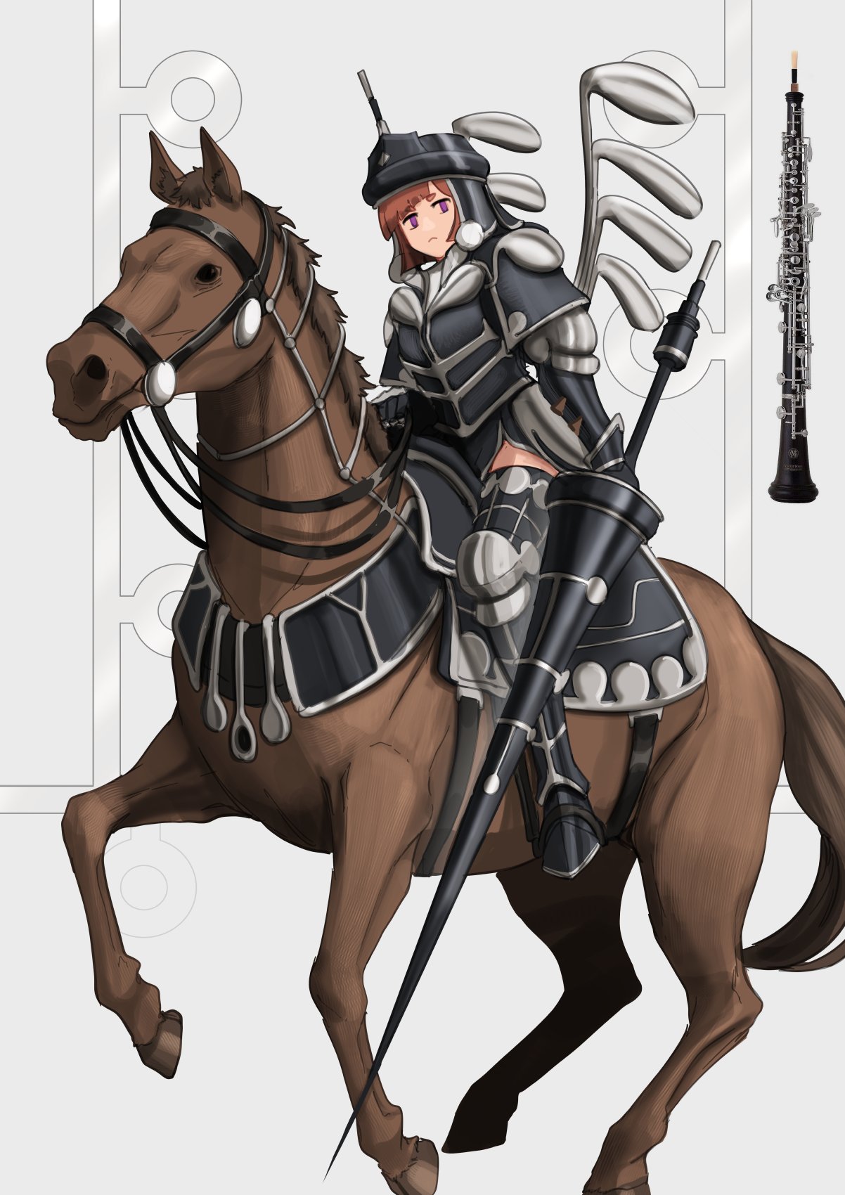 1girl armor armored_boots armored_dress black_dress black_footwear black_headwear boots brown_hair closed_mouth commentary dress english_commentary grey_background haonfest helmet highres holding holding_weapon horseback_riding hussar instrument lance looking_at_viewer oboe original polearm purple_eyes riding short_eyebrows simple_background sitting solo thick_eyebrows thigh_boots weapon