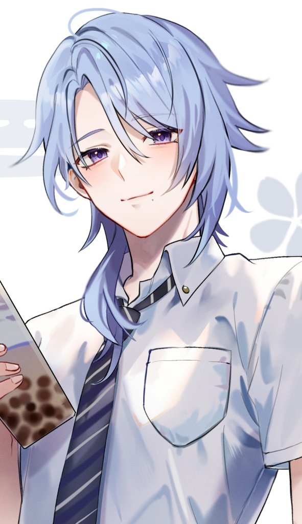 1boy a20190422 bishounen blue_hair blue_necktie blush bubble_tea closed_mouth collared_shirt diagonal-striped_necktie genshin_impact grey_necktie kamisato_ayato light_blue_background light_blue_hair looking_at_viewer male_focus medium_hair mole mole_under_eye necktie purple_eyes school_uniform shirt short_sleeves smile solo white_necktie white_shirt