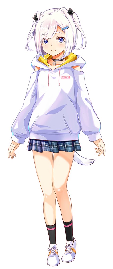 animal_ears black_choker black_socks blue_eyes choker etotama ferret ferret_ears ferret_girl ferret_symbol ferret_tail hair_ornament hair_tie hairclip hood hoodie izu-tan izutan1127 long_sleeves neckerchief pleated_skirt shoes short_hair skirt smile sneakers socks solo sweater virtual_youtuber white_background white_hair white_hoodie white_sweater