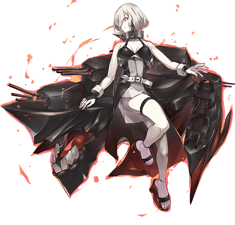 1girl abyssal_ship barefoot belt breasts bridal_gauntlets closed_mouth colored_skin european_little_sister_princess full_body kantai_collection konishi_(koconatu) large_breasts official_art pale_skin red_eyes sandals short_hair solo thigh_strap transparent_background turret white_belt white_hair white_skin