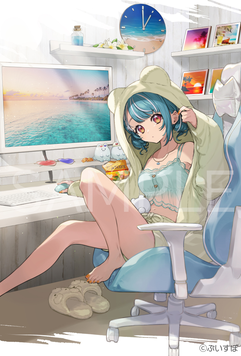 1girl aqua_hair armpits bare_legs barefoot candy chair clock collarbone copyright copyright_name crop_top eyelashes feet flower food foot_out_of_frame gaming_chair grey_jacket grey_shorts hand_up head_tilt highres hood hood_up hooded_jacket indoors jacket jewelry keyboard_(computer) knee_up lace_trim legs lingerie long_sleeves looking_at_viewer medium_hair midriff monitor mouse_(computer) multicolored_hair nail_polish navel necklace on_chair open_clothes open_jacket orange_nails parted_bangs sample_watermark shelf shiranami_ramune shoes shoes_removed shorts sitting slippers solo streaked_hair swivel_chair thighs toenail_polish toenails toes underwear virtual_youtuber vspo! yuu_(higashi_no_penguin)