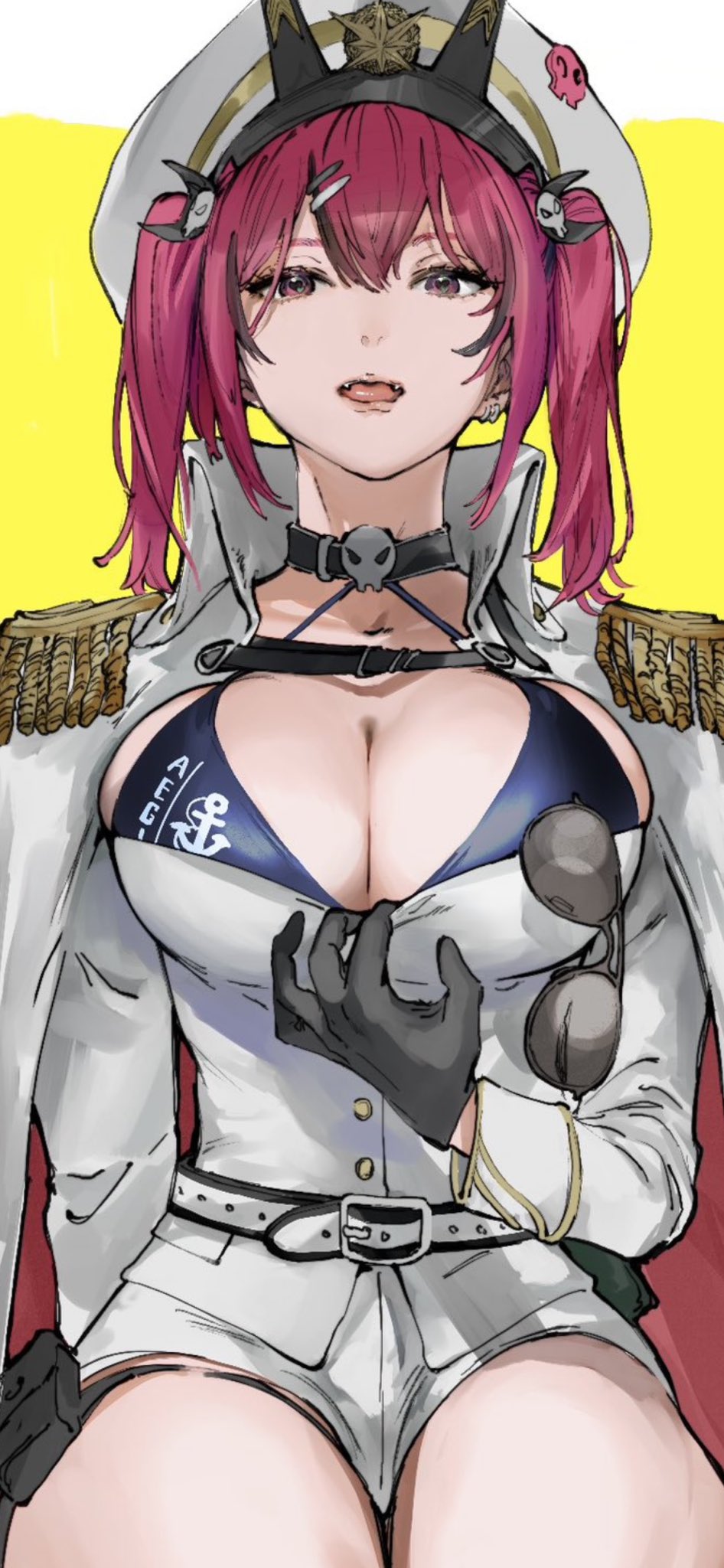 1girl belt bikini bikini_under_clothes black_bikini black_gloves black_hair breasts cleavage coat ear_piercing epaulettes eyewear_hang eyewear_removed fangs gloves goddess_of_victory:_nikke hat heart heart-shaped_pupils heart_in_eye highres large_breasts lips long_sleeves mast_(nikke) military_hat multicolored_hair open_mouth otimusyairoha peaked_cap piercing pink_eyes red_hair shirt short_twintails shorts skull_choker solo streaked_hair sunglasses swimsuit symbol-shaped_pupils symbol_in_eye thigh_pouch tongue twintails white_coat white_shirt white_shorts