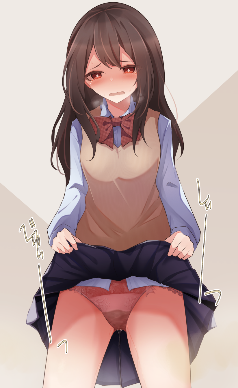 1girl blue_skirt blush bow bowtie breasts breath bright_pupils brown_hair brown_vest clothes_lift collared_shirt commentary_request cowboy_shot embarrassed grey_background half-closed_eyes highres lifted_by_self long_hair long_sleeves looking_at_viewer miniskirt open_mouth original panties pee peeing peeing_self pink_panties plaid plaid_bow plaid_bowtie pleated_skirt raised_eyebrows red_bow red_bowtie red_eyes school_uniform shirt sidelocks simple_background skirt skirt_lift small_breasts solo standing steam sweat thighs translation_request two-tone_background underwear vest watakarashi wet wet_clothes wet_panties white_pupils white_shirt