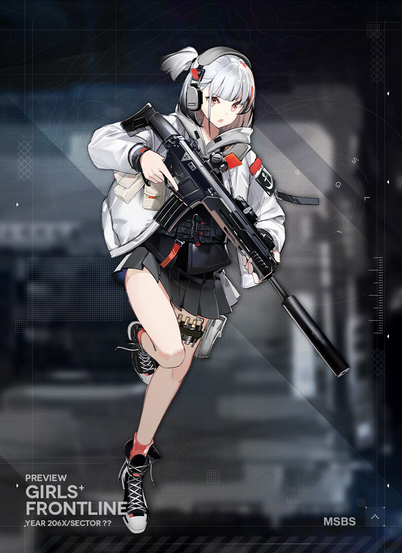 1girl black_footwear black_hair black_skirt black_vest character_name colored_tips commentary copyright_name cross-laced_footwear english_commentary fb_msbs_grot full_body girls'_frontline gun headphones holding holding_gun holding_weapon jacket load_bearing_vest long_sleeves looking_at_viewer msbs_(girls'_frontline) multicolored_hair object_request official_art open_clothes open_jacket open_mouth pleated_skirt promotional_art red_eyes red_hair red_socks second-party_source shoes short_hair side_ponytail skirt sneakers socks solo standing standing_on_one_leg streaked_hair thigh_pouch thigh_strap trigger_discipline vest weapon white_bag white_hair white_jacket x-red_flower