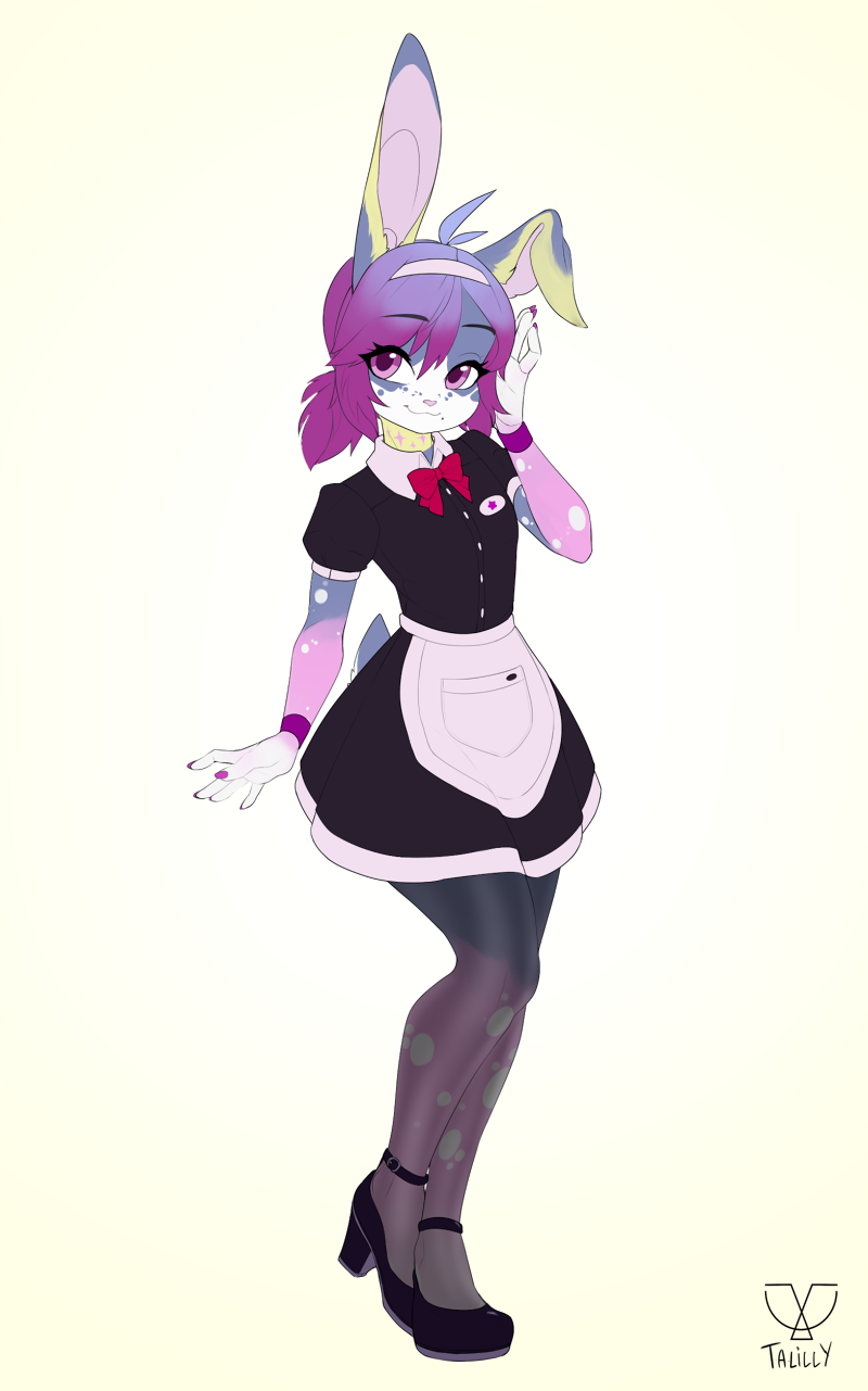 2023 accessory anthro clothed clothing colored_nails digital_media_(artwork) felicity_wisp felicitynaskivity footwear girly hair headband hi_res lagomorph leporid looking_at_viewer maid_uniform male mammal nails purple_eyes purple_nails rabbit shoes simple_background smile solo swedish tail talilly uniform