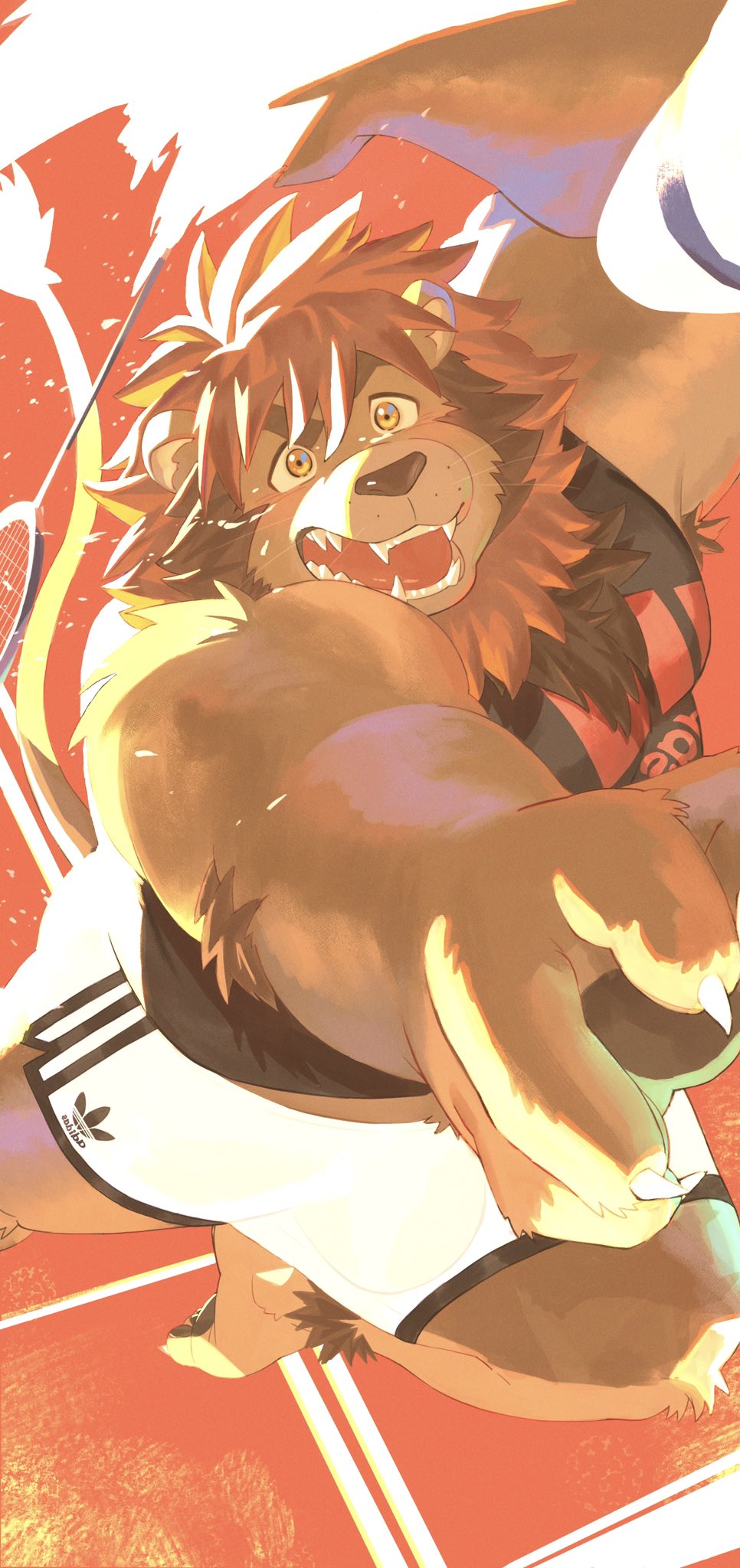 1boy adidas animal_ears badminton badminton_racket badminton_uniform bara barefoot belly black_shirt brown_fur commission dyzd1 foreshortening furry furry_male highres large_pectorals lion_boy lion_ears lion_hair looking_at_viewer male_focus midriff_peek muscular muscular_male mutton_chops open_mouth original pectorals perspective plump racket shirt short_hair skeb_commission sleeveless sleeveless_shirt solo sparkling_sweat sweat thighs