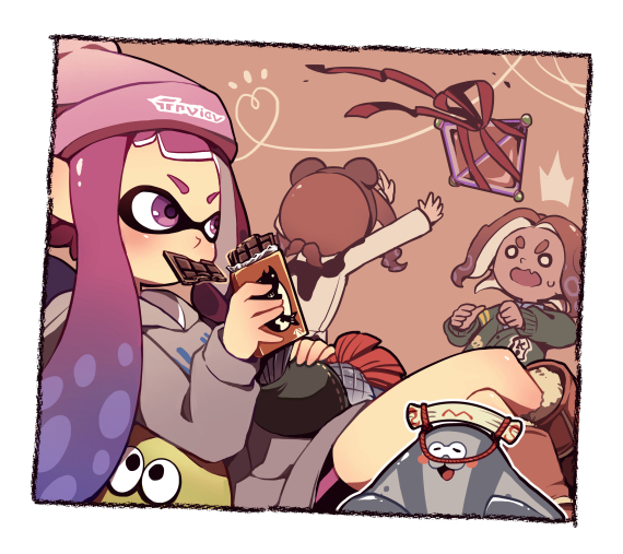 1boy 3girls ^^^ agent_3_(splatoon_3) agent_4_(splatoon) agent_8_(splatoon) animal_ear_headwear beanie big_man_(splatoon) black_hairband black_scarf black_shorts black_vest blush_stickers boots border brown_footwear buttons chocolate creature crossed_legs dark-skinned_female dark_skin eating fang food fur_trim gift green_jacket grey_hoodie hairband hat heart holding holding_chocolate holding_creature holding_food hood hood_down hoodie inkling inkling_girl jacket long_sleeves looking_ahead mouth_hold multiple_girls no_pupils notice_lines octoling octoling_girl open_mouth orange_background outstretched_arms pink_eyes pink_hair pink_headwear pointy_ears potsupo red_hair red_ribbon ribbon ribbon-trimmed_vest scarf shirt shorts sitting smallfry_(splatoon) smile splatoon_(series) splatoon_3 stingray sweatdrop sweater_jacket tentacle_hair throwing v-shaped_eyebrows vest white_border white_shirt