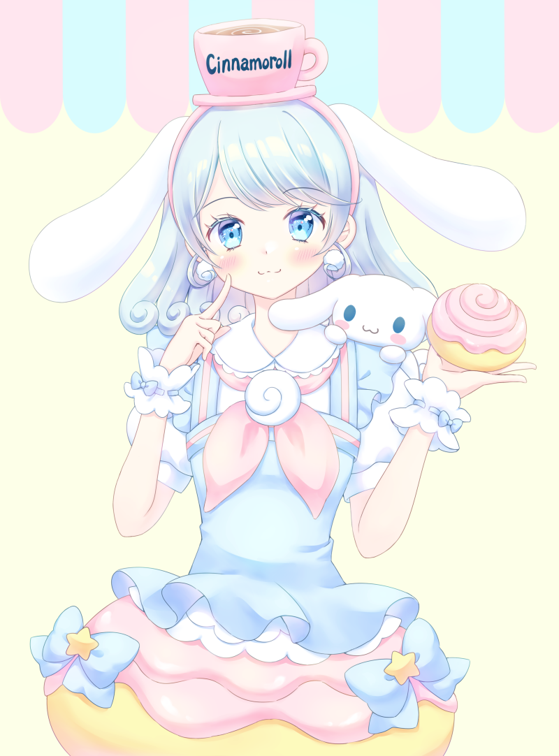 1girl :3 animal animal_ears animal_on_shoulder blouse blue_bow blue_eyes blue_hair blue_ribbon blush bow bubble_skirt cinnamon_roll cinnamoroll commentary cup curly_hair dog dog_ears dog_on_shoulder dress droopy_ears earrings food food-themed_clothes food-themed_hair_ornament frilled_shirt frilled_wrist_cuffs frills hair_ornament hands_up holding holding_food humanization jewelry medium_hair neckerchief peter_pan_collar pink_headwear pink_neckerchief pointing pointing_at_self pointing_up pom_pom_(clothes) pom_pom_earrings ponfuta puffy_short_sleeves puffy_sleeves ribbon sanrio shirt short_sleeves simple_background skirt smile solo star_(symbol) suspender_skirt suspenders upper_body white_wrist_cuffs wrist_cuffs yellow_background