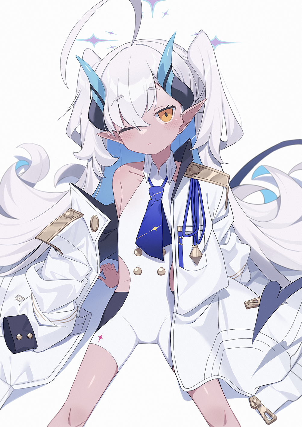 1girl ahoge blue_archive blue_hair blush closed_mouth coat colored_inner_hair commentary_request dark-skinned_female dark_skin flat_chest grey_hair halo highres hip_vent horns long_hair long_sleeves looking_at_viewer multicolored_hair off_shoulder one_eye_closed open_clothes open_coat orange_eyes pointy_ears simple_background solo sumomo_(blue_archive) two_side_up unitard very_long_hair wagashi928 white_background white_coat