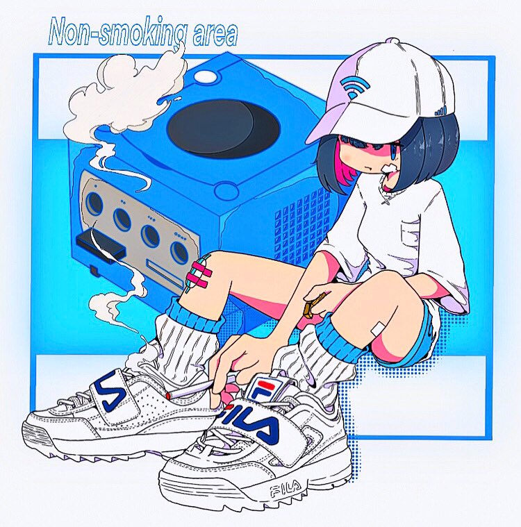 1girl bandaid bandaid_on_cheek bandaid_on_face bandaid_on_knee bandaid_on_leg baseball_cap blue_background blue_eyes blue_hair blue_shorts bob_cut breast_pocket breasts cigarette closed_mouth colored_inner_hair commentary dark_blue_hair english_text fila full_body game_console gamecube hair_over_one_eye hat holding holding_cigarette holding_lighter knees_up lighter looking_at_viewer medium_hair multicolored_hair nao97122 one_eye_covered open_mouth original pocket purple_hair ribbed_socks shirt shoes short_sleeves shorts sitting small_breasts smoke smoking sneakers socks solo streetwear two-tone_hair white_footwear white_headwear white_shirt white_socks