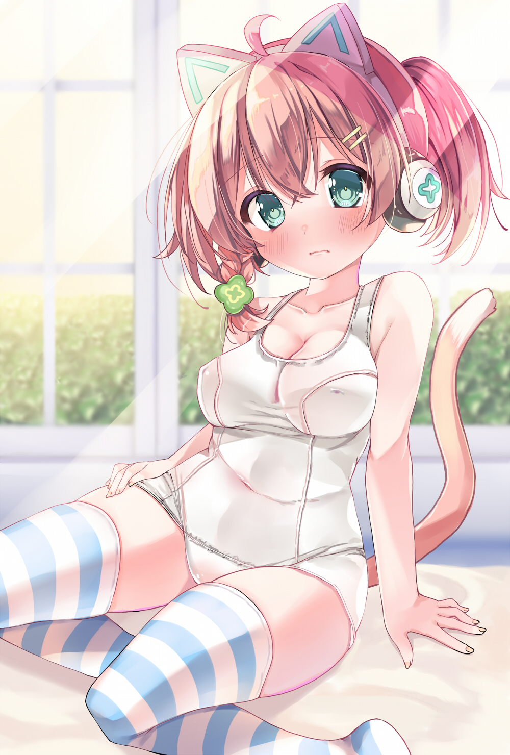 1girl ahoge amahane_yotsuha animal_ear_headphones animal_ears bare_arms bare_shoulders blurry blurry_background blush braid breasts cleavage closed_mouth collarbone commentary_request commission covered_navel covered_nipples depth_of_field fake_animal_ears green_eyes hair_between_eyes hair_ornament hairclip headphones highres medium_breasts neko_pan no_shoes old_school_swimsuit one-piece_swimsuit red_hair school_swimsuit single_braid skeb_commission solo striped striped_thighhighs swimsuit tail thighhighs twintails vgaming virtual_youtuber white_one-piece_swimsuit