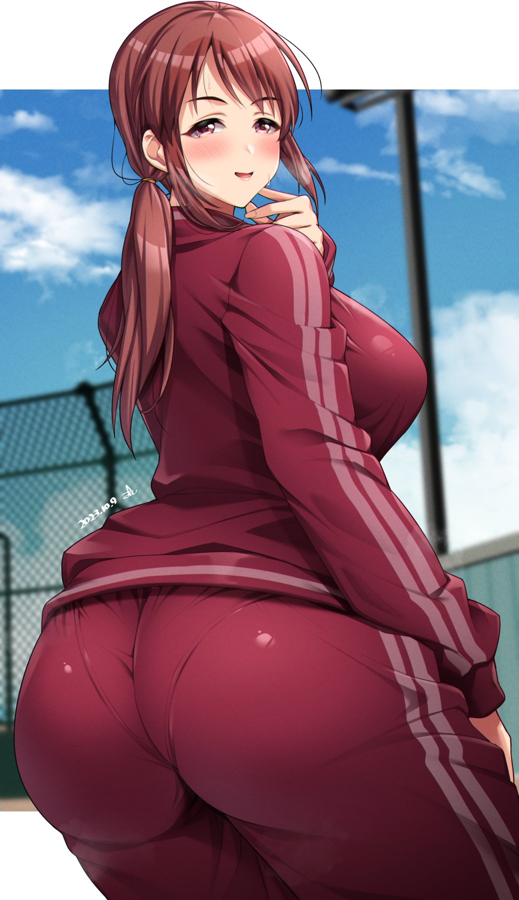 1girl ass blue_sky blurry blurry_background blush breasts brown_hair chain-link_fence cloud commentary commission dated day fence from_behind heavy_breathing highres idolmaster idolmaster_cinderella_girls jacket large_breasts long_hair long_sleeves looking_at_viewer looking_back mifune_miyu open_mouth outdoors pants pantylines red_jacket red_pants skeb_commission sky solo striped striped_jacket striped_pants sweat track_jacket track_pants track_suit vertical-striped_jacket vertical-striped_pants vertical_stripes yoohi
