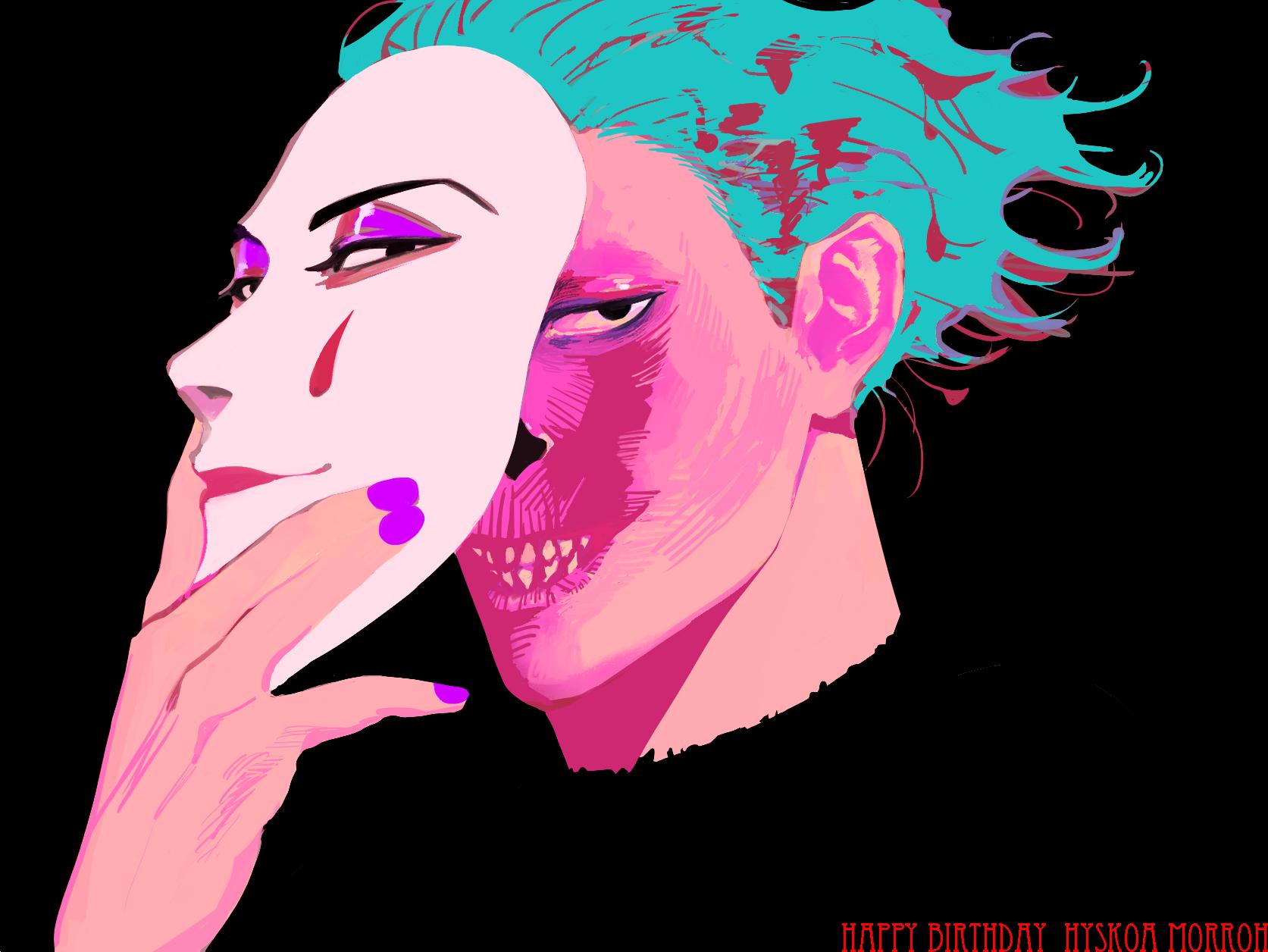 1boy alternate_hair_color birthday black_background blue_hair character_name disfigured doi_hw facepaint facial_mark hair_slicked_back happy_birthday highres hisoka_morow hunter_x_hunter looking_at_viewer male_focus mask purple_nails removing_mask short_hair simple_background solo spoilers teardrop_facial_mark teardrop_tattoo upper_body