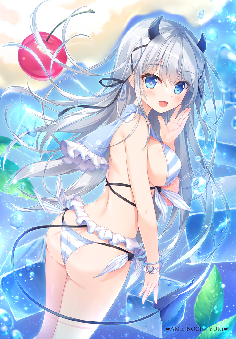 1girl :d ameto_yuki ass bare_arms bare_shoulders bikini black_ribbon blue_eyes blue_ribbon blue_sailor_collar cherry commentary_request demon_girl demon_horns demon_tail food frilled_sailor_collar frills fruit grey_hair hair_between_eyes hair_ribbon hand_up horns ice ice_cube looking_at_viewer looking_back original ribbon sailor_collar smile solo striped striped_bikini swimsuit tail twitter_username