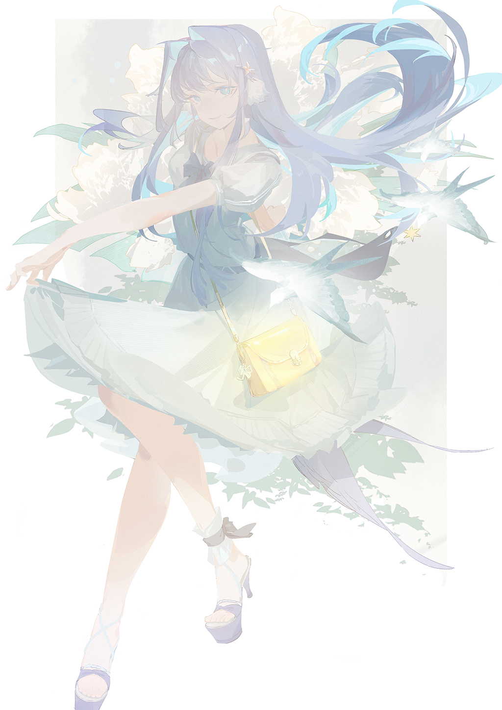 1girl animal arknights astesia_(arknights) bag bird black_bow black_footwear blue_eyes blue_hair bow breasts commentary_request dress floating_hair hair_intakes high_heels highres liliyfox long_hair multicolored_hair puffy_short_sleeves puffy_sleeves purple_hair sandals short_sleeves shoulder_bag small_breasts solo two-tone_hair very_long_hair white_dress