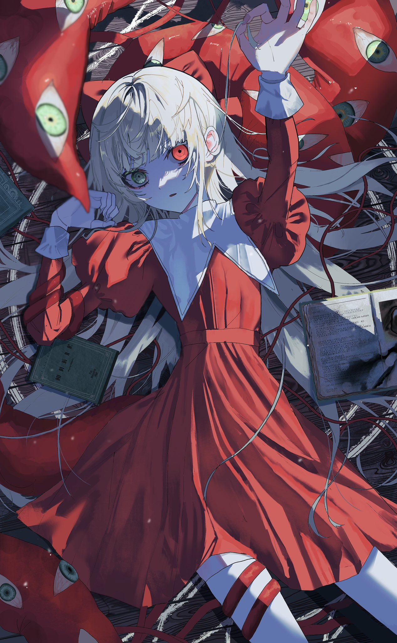 1girl blonde_hair book bow dress extra_eyes grey_eyes hair_bow heterochromia highres ink long_hair long_sleeves looking_at_viewer open_mouth original parted_lips red_background red_bow red_dress red_eyes shiun_(siun_5513) solo string string_of_fate