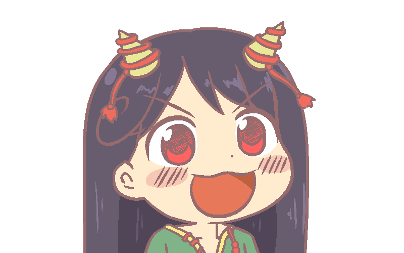 1girl anonymous_(japanese) black_hair blush green_shirt gyate_gyate horns jaggy_lines long_hair nippaku_zanmu oni_horns open_mouth portrait red_eyes shirt smile solo touhou transparent_background unfinished_dream_of_all_living_ghost