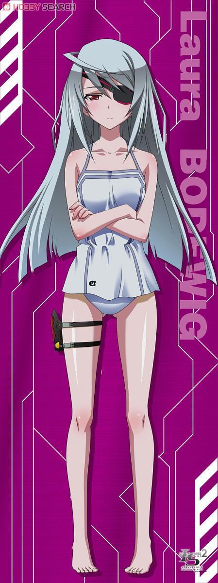1girl ahoge barefoot breasts casual_one-piece_swimsuit character_name crossed_arms eyepatch full_body grey_hair highres infinite_stratos laura_bodewig long_hair looking_at_viewer official_art one-piece_swimsuit purple_background red_eyes small_breasts solo swimsuit swimsuit_skirt thigh_strap white_one-piece_swimsuit