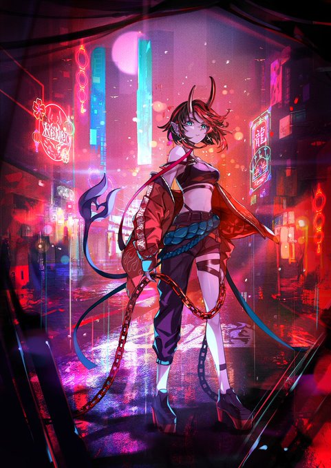 1girl adapted_costume belt black_belt black_footwear black_hair black_pants black_sports_bra blue_eyes breasts chain city closed_mouth commentary_request demon_girl demon_horns demon_tail ear_piercing full_body horns jacket looking_at_viewer medium_bangs medium_breasts midriff multicolored_hair nanashi_inc. neon_lights off_shoulder official_art open_clothes open_jacket outdoors pants piercing platform_footwear pointy_ears pokimari red_hair red_jacket ryugasaki_rene short_hair solo sports_bra standing tail thigh_strap two-tone_hair virtual_youtuber