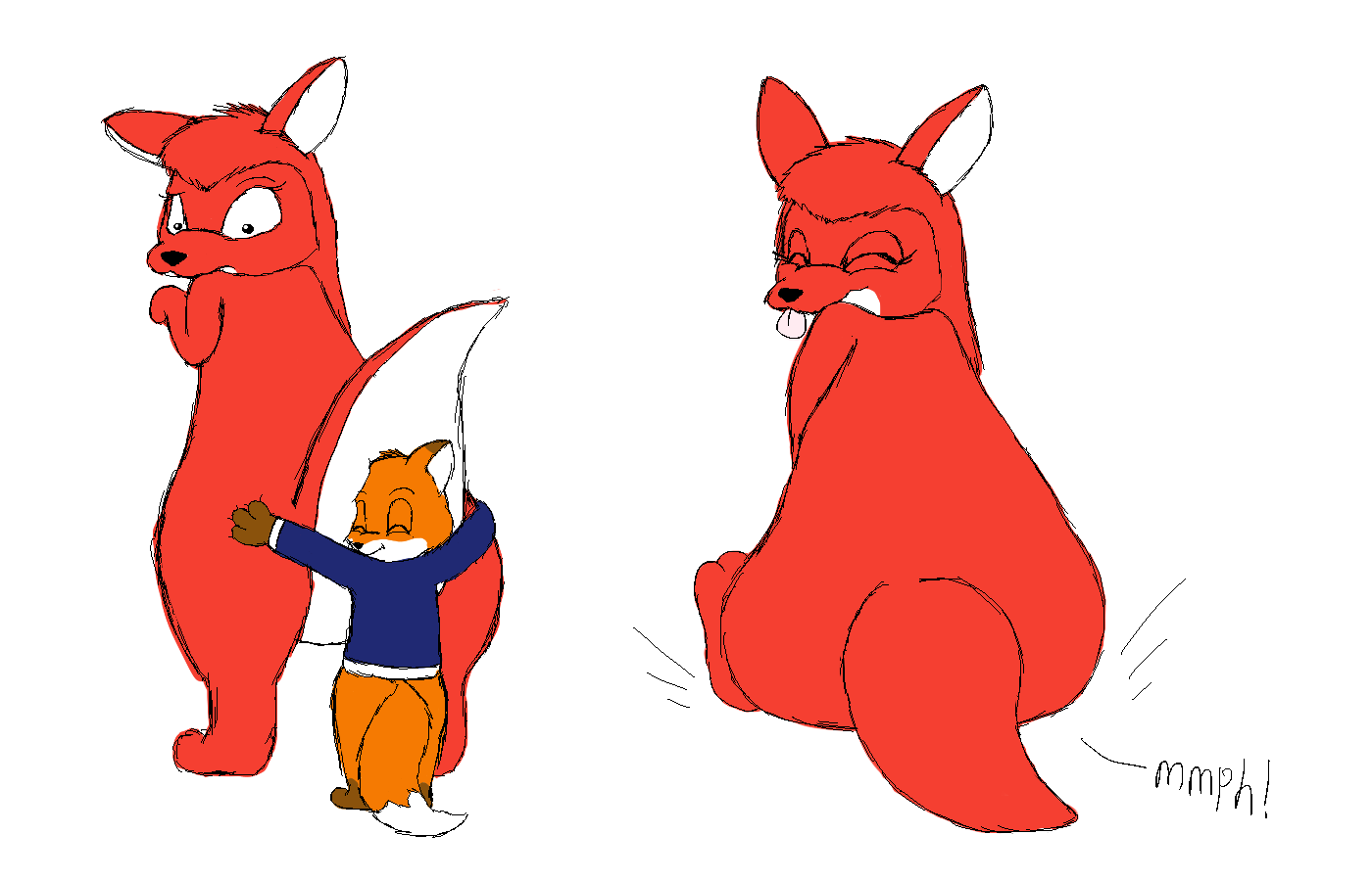 14:9 2014 anthro blue_clothing blue_shirt blue_topwear butt_crush canid canine clothing duo ears_up embrace eyes_closed facesitting female feral fox hug hugging_from_behind kangaroo looking_at_another macropod male mammal marsupial orange_body raised_tail red_body rooby_(wafflefox) shirt simple_background sitting sitting_on_another size_difference smile tail tail_hug tongue tongue_out topwear waffle_(wafflefox) wafflefox