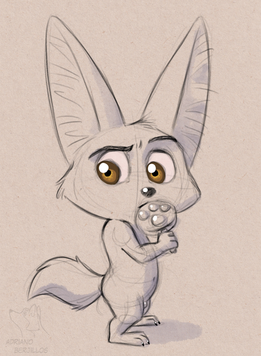 3_toes 4_fingers anthro big_ears big_eyes brown_eyes canid canine corgi_(artist) disney eyebrows feet fennec fingers finnick fluffy fluffy_ears fluffy_tail fox genitals male mammal nude paws pawsicles penis raised_eyebrow small_body small_penis soft_penis solo tail toes zootopia