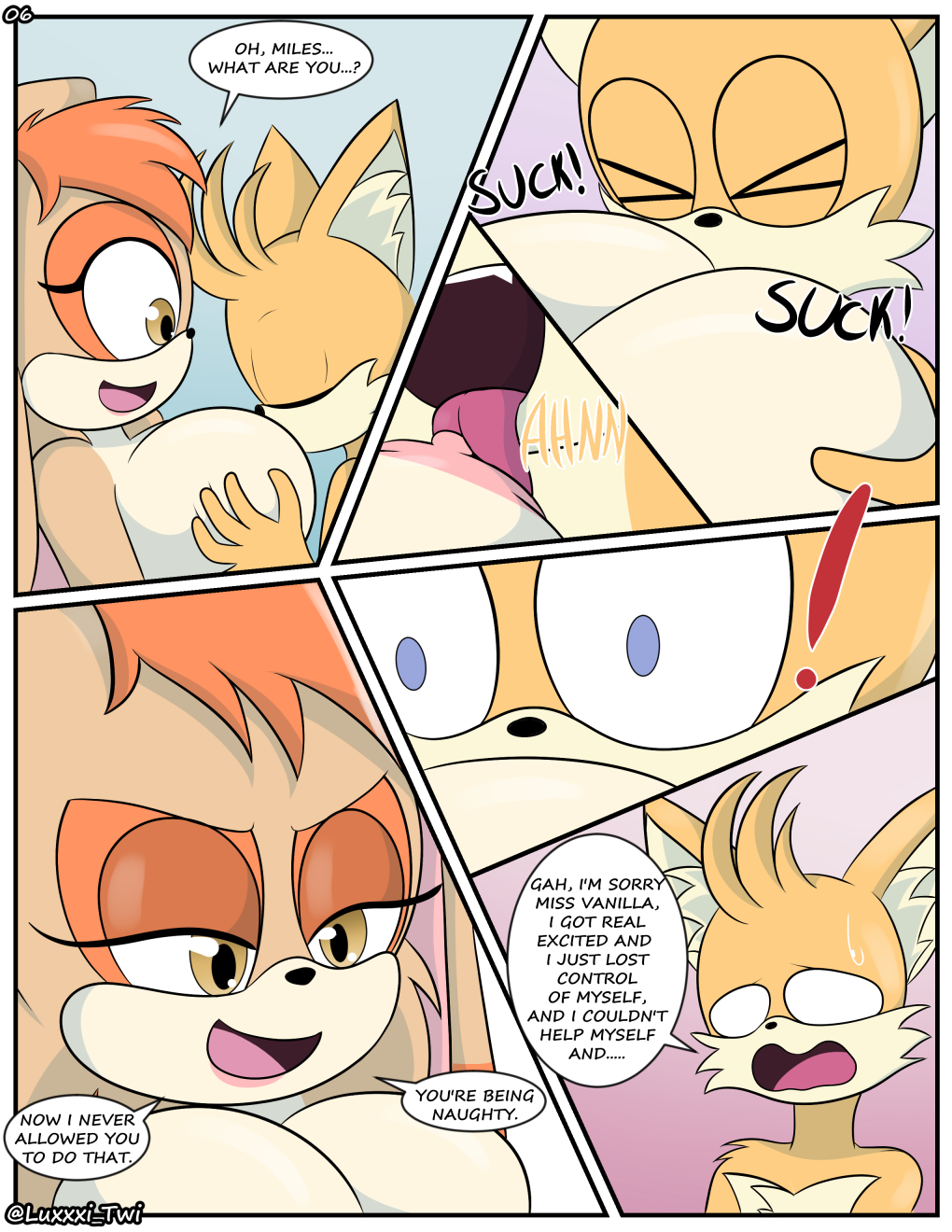 age_difference anthro breast_play breast_suck breasts canid canine duo female fox hi_res lagomorph leporid lipstick luckster1234 makeup male male/female mammal mature_female miles_prower older_female rabbit sega shy sonic_the_hedgehog_(series) sucking suckling teasing vanilla_the_rabbit younger_male