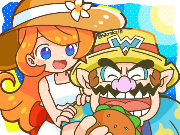 1boy 1girl back_bow blue_eyes bow brown_hair burger closed_eyes dress eating flower food hands_on_another's_shoulders hat hat_flower long_hair mona_(warioware) open_mouth orange_hair pointy_ears skmkz10 smile sundress wario warioware