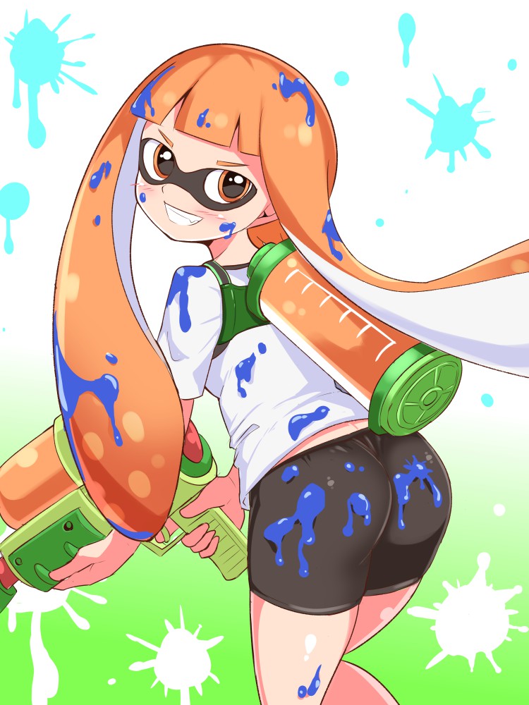 1girl ass bike_shorts black_shorts blunt_bangs blush commentary cougar_(cougar1404) from_behind grin holding holding_weapon ink_tank_(splatoon) inkling leaning_forward long_hair looking_at_viewer looking_back midriff_peek orange_eyes orange_hair paint_on_body paint_on_clothes paint_splatter paint_splatter_on_face pointy_ears shirt short_shorts short_sleeves shorts smile solo splatoon_(series) splatoon_1 splattershot_(splatoon) standing t-shirt tentacle_hair weapon white_shirt