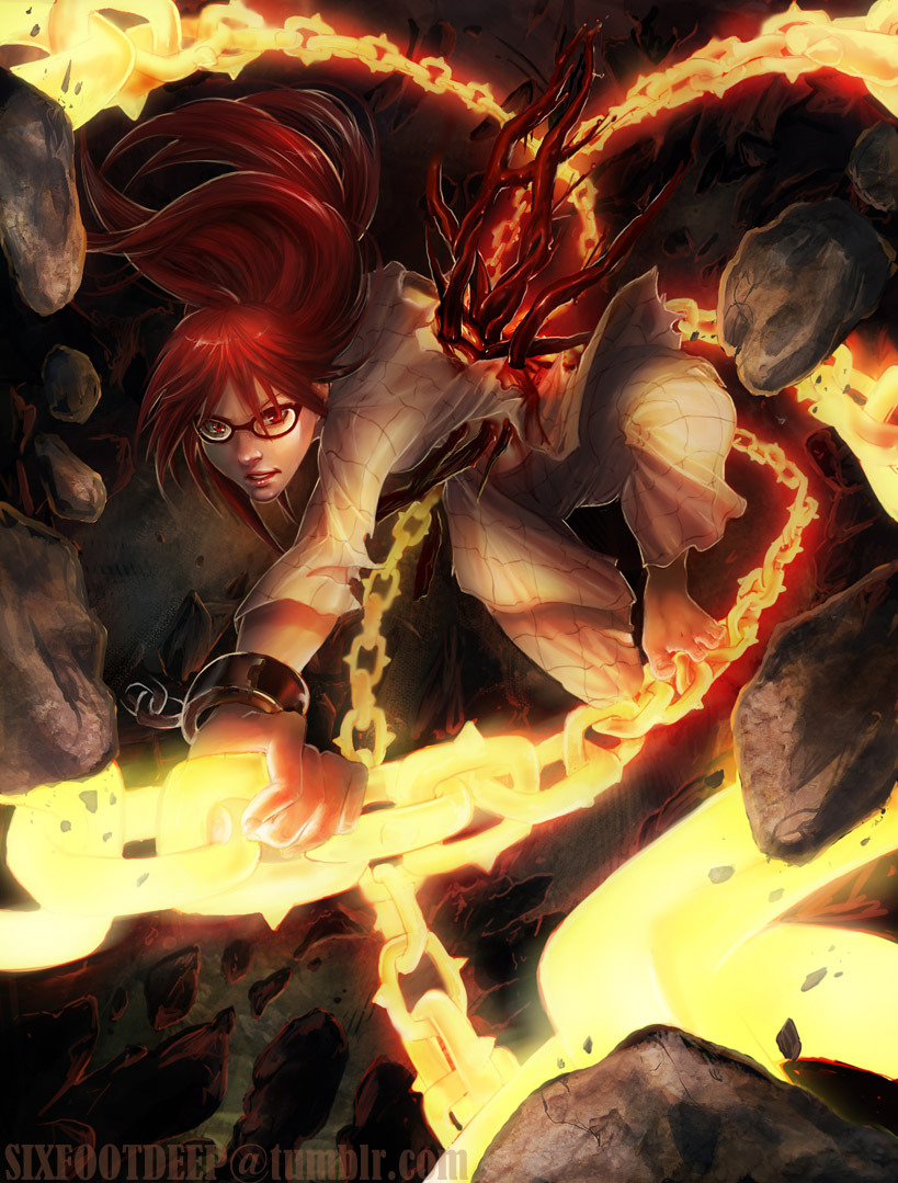 1girl angry artist_request blood chain glasses gold_chain impaled karin_(naruto) locked_arms looking_at_viewer naruto_(series) naruto_shippuuden prison_clothes red_hair rock sixfootdeep torn_clothes tumblr watermark wood