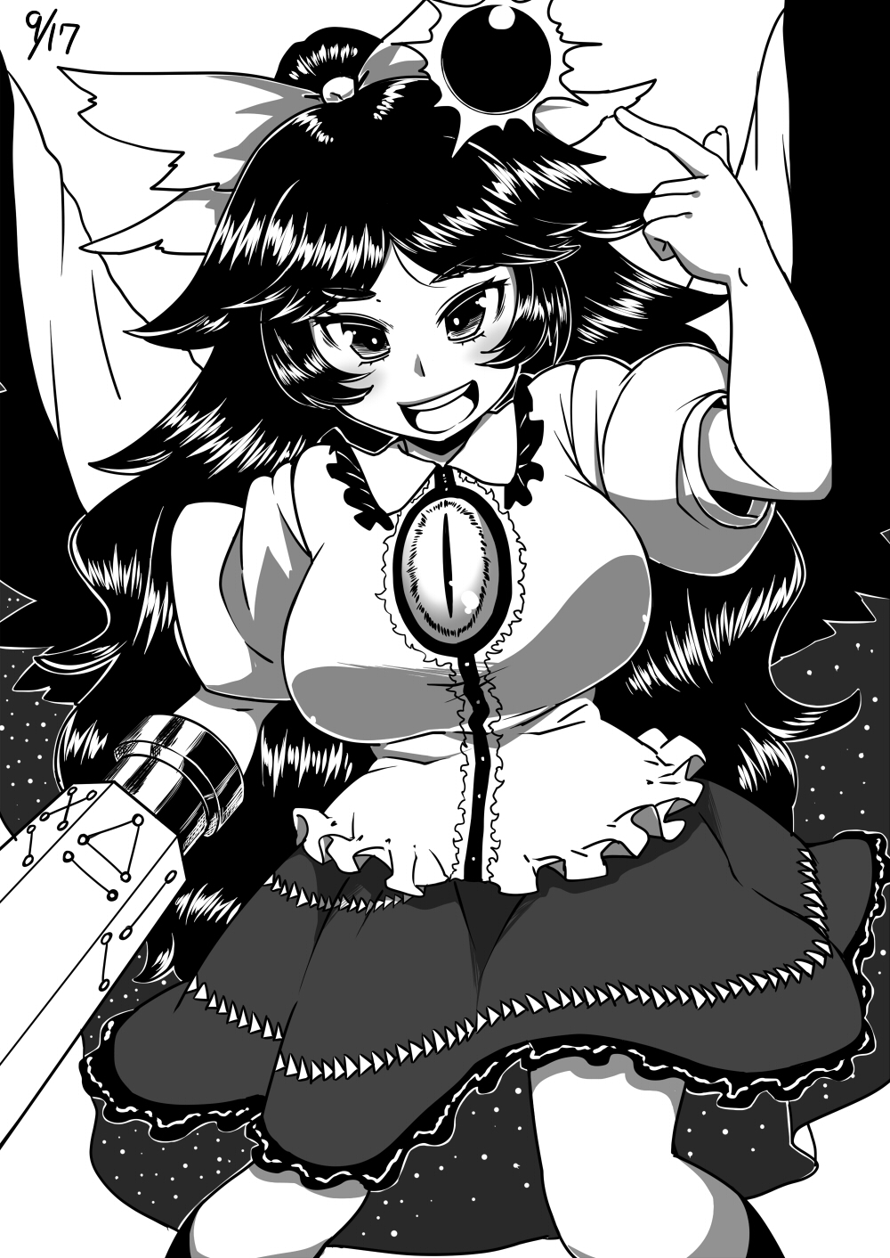 1girl :d arm_at_side arm_cannon arm_up bird_wings black_sun bow breasts buttons cape collared_shirt control_rod dated eyelashes feet_out_of_frame frilled_shirt frilled_shirt_collar frills greyscale hair_bow highres index_finger_raised komusou_(jinrikisha) large_breasts legs_apart long_hair looking_at_viewer monochrome open_mouth print_cape puffy_short_sleeves puffy_sleeves reiuji_utsuho shirt short_sleeves skirt slit_pupils smile socks solo standing starry_sky_print sun tareme taut_clothes taut_shirt third_eye third_eye_on_chest touhou very_long_hair weapon wing_collar wings