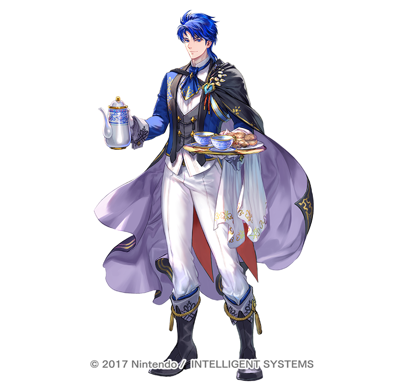 1boy ascot black_footwear black_vest blue_ascot blue_eyes blue_hair blue_jacket boots cape checkerboard_cookie commentary_request cookie cup fire_emblem fire_emblem:_genealogy_of_the_holy_war fire_emblem_heroes food full_body holding holding_teapot holding_tray jacket long_sleeves looking_at_viewer male_focus official_alternate_costume official_art pants short_hair sigurd_(fire_emblem) simple_background smile solo standing suzuki_rika teacup teapot tray vest white_background white_pants