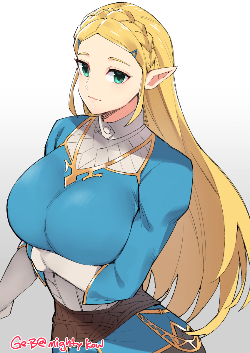 1girl arm_under_breasts blonde_hair braid breasts closed_mouth english_commentary ge-b gloves green_eyes hair_ornament hairclip highres large_breasts light_smile long_hair looking_at_viewer pants parted_bangs pointy_ears princess_zelda sidelocks smile solo the_legend_of_zelda the_legend_of_zelda:_breath_of_the_wild very_long_hair