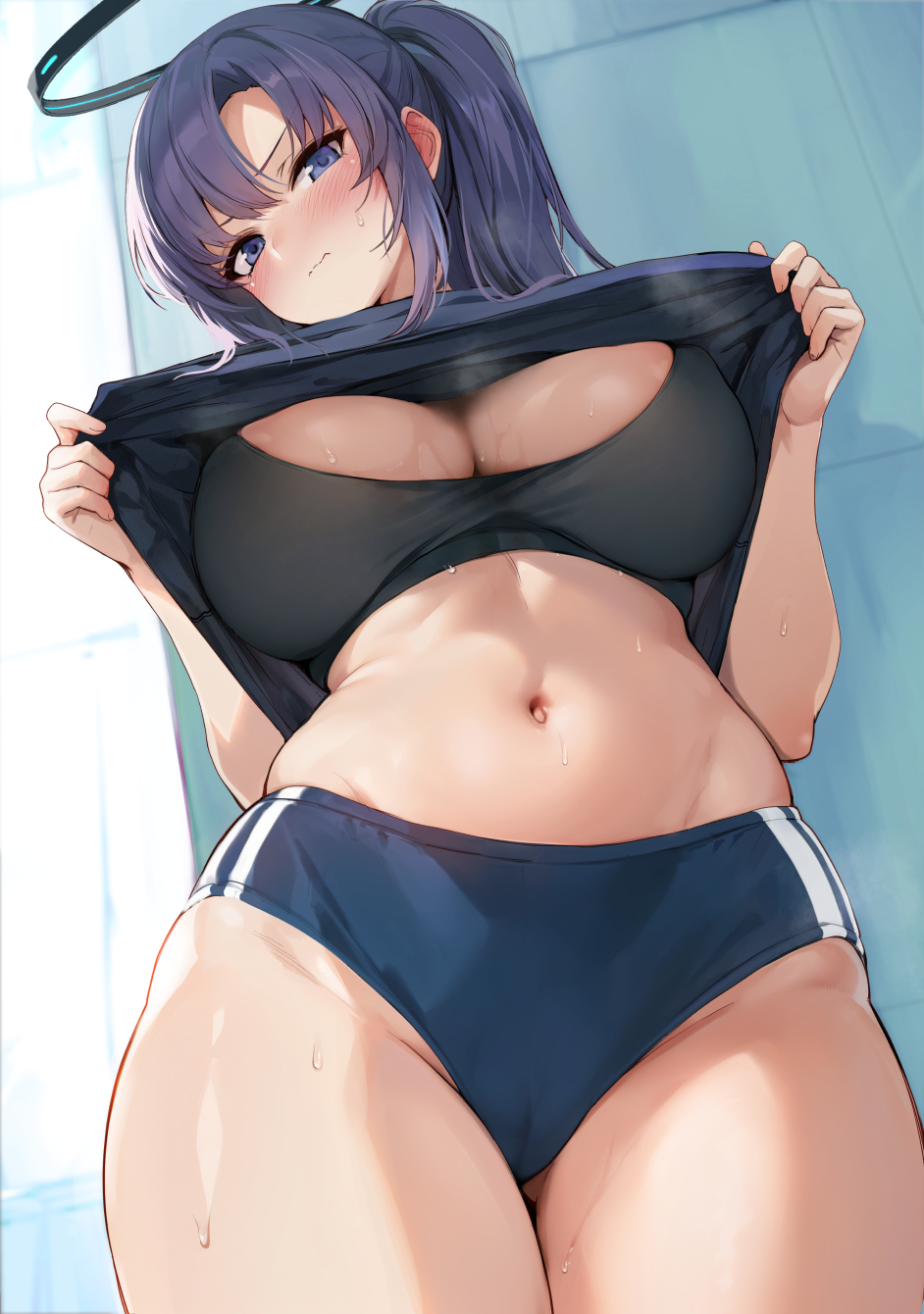 1girl blue_archive blue_buruma blue_eyes blue_hair blue_shirt blush breasts buruma cameltoe closed_mouth clothes_lift commentary_request from_below halo highres ipuu_(el-ane_koubou) large_breasts long_hair looking_at_viewer looking_down navel ponytail shirt shirt_lift sidelocks solo stomach sweat thighs yuuka_(blue_archive) yuuka_(gym_uniform)_(blue_archive)