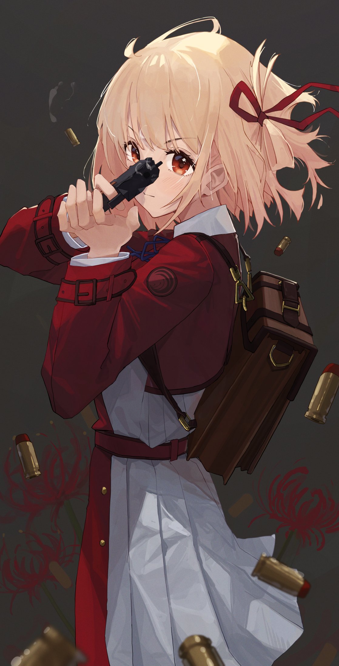 1girl aiming aiming_at_viewer backpack bag belt blonde_hair blue_ribbon blush bullet bullet_hole closed_mouth collared_shirt commentary_request cowboy_shot dress firing floating_hair flower grey_background grey_dress gun hair_ribbon highres holding holding_gun holding_weapon long_sleeves looking_at_viewer looking_to_the_side lycoris_recoil lycoris_uniform neck_ribbon ningen_gokko nishikigi_chisato one_side_up orange_eyes pleated_dress red_belt red_dress red_ribbon ribbon shell_casing shirt short_hair solo spider_lily two-tone_dress weapon white_shirt