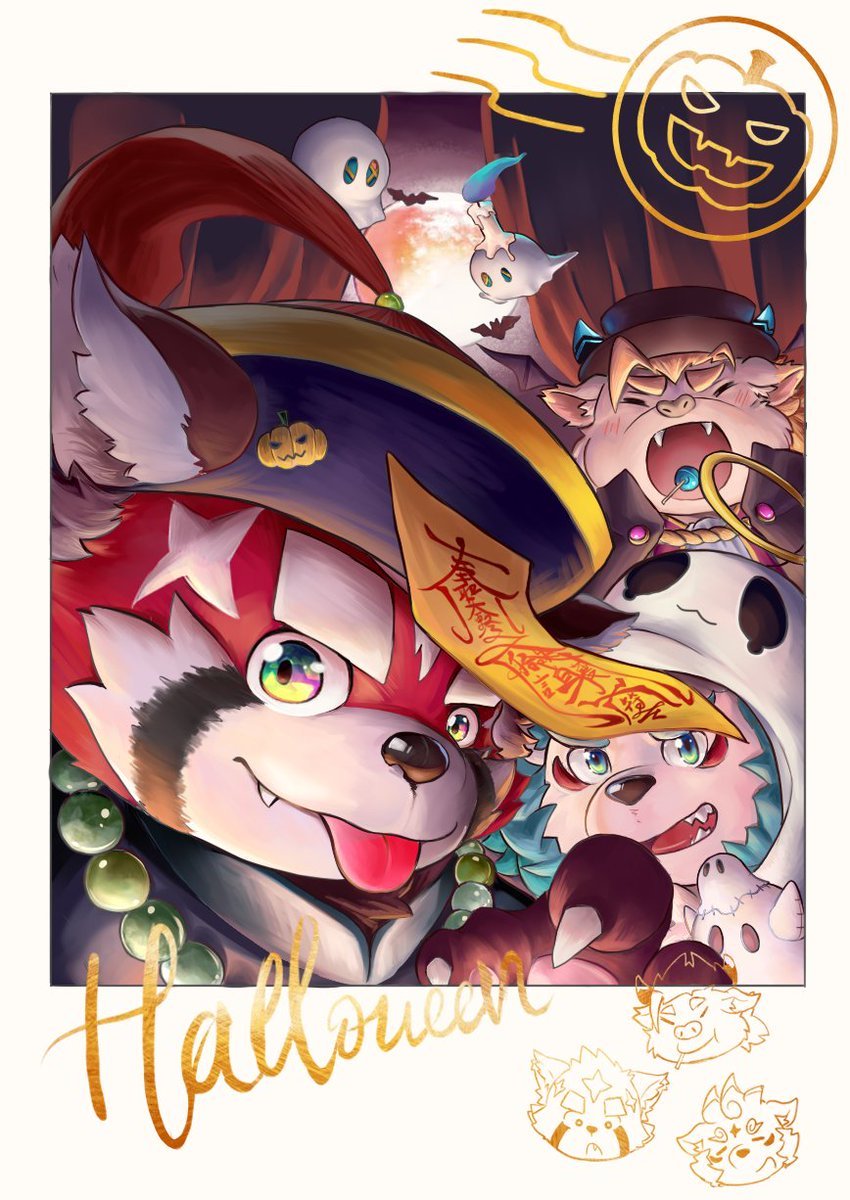 3boys agyo_(housamo) animal_ears babe_bunyan_(housamo) bara bat_(animal) bat_wings black_cape black_fur blue_hair candle cape close-up closed_eyes closed_mouth cow_boy cow_ears cow_horns curtains dog_boy facial_hair fangs furry furry_male ghost ghost_costume green_eyes halloween halloween_costume hand_up hat hechaxianzhi highres horns huge_eyebrows jewelry jiangshi_costume male_focus moon multicolored_eyes multiple_boys mutton_chops necklace open_mouth orange_hair polaroid pumpkin raccoon_boy raccoon_ears rainbow_eyes red_fur short_hair talisman thick_eyebrows tokyo_afterschool_summoners tongue tongue_out vampire_costume white_fur wings zhurong_(housamo)