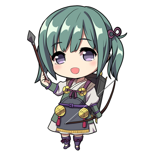 arrow_(projectile) bow_(weapon) chibi fire_emblem fire_emblem_fates full_body green_hair holding holding_arrow holding_bow_(weapon) holding_weapon japanese_clothes kumehara_chiyota lowres midori_(fire_emblem) open_mouth purple_eyes twintails weapon