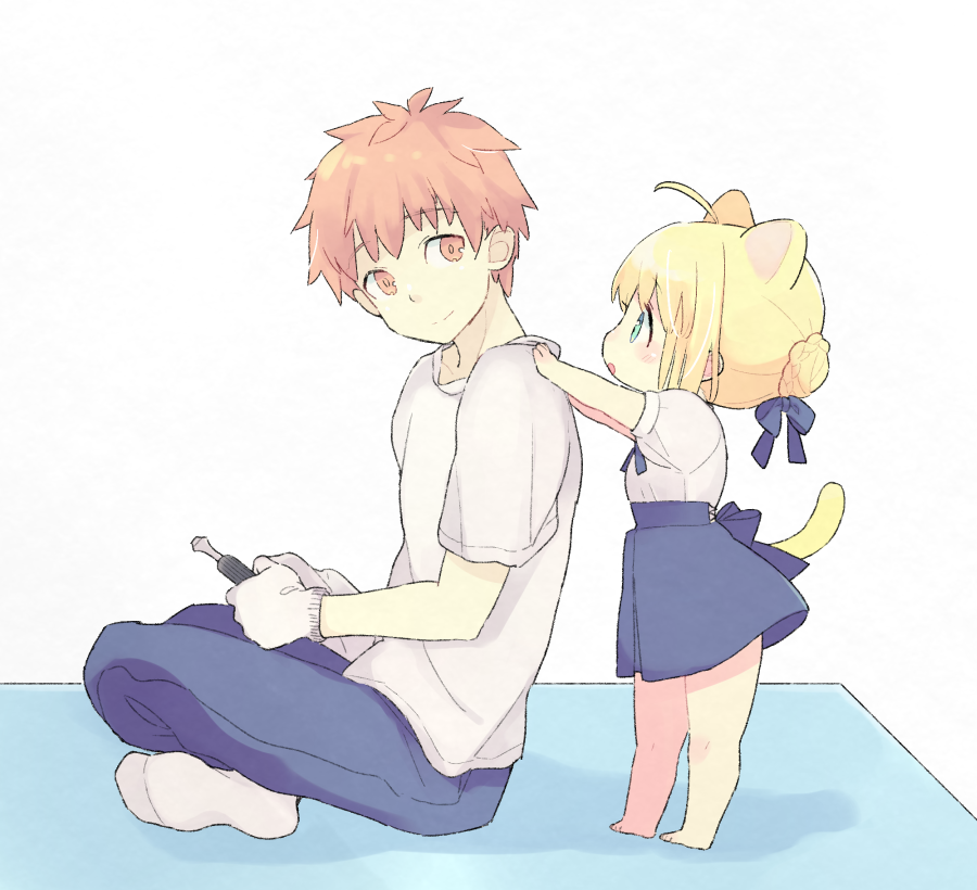 1boy 1girl 87banana aged_down ahoge animal_ears artoria_pendragon_(fate) barefoot blonde_hair blouse blue_bow blue_pants blue_skirt bow braid brown_eyes cat_ears cat_tail emiya_shirou fate/stay_night fate_(series) french_braid gloves green_eyes hair_bow hair_bun hand_on_another's_shoulder holding holding_screwdriver pants red_hair saber screwdriver shirt skirt socks tail white_shirt