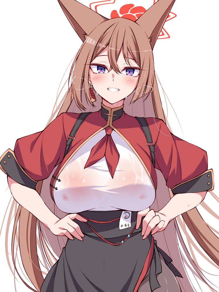 animal_ears black_skirt blue_archive breasts brown_hair brown_pantyhose chinese_clothes fox_ears jacket large_breasts neckerchief pantyhose purple_eyes red_jacket red_neckerchief rumi_(blue_archive) shirt simple_background skirt suterii white_background white_shirt