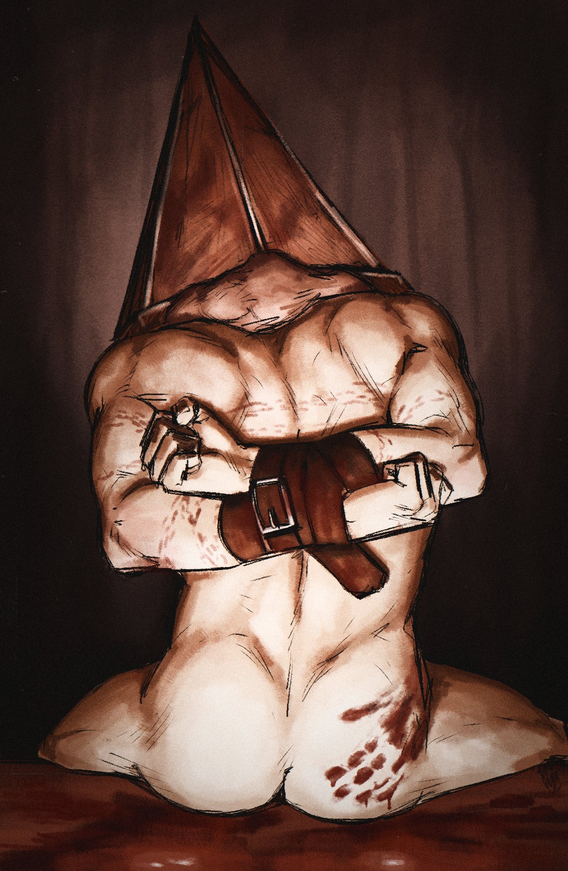 1boy arms_behind_back ass bara belt bound bound_arms brown_theme completely_nude feet_out_of_frame from_behind handprint highres improvised_bondage male_focus monster_boy muscular muscular_male nude object_head pyramid_head silent_hill_(series) silent_hill_2 smokerichi solo